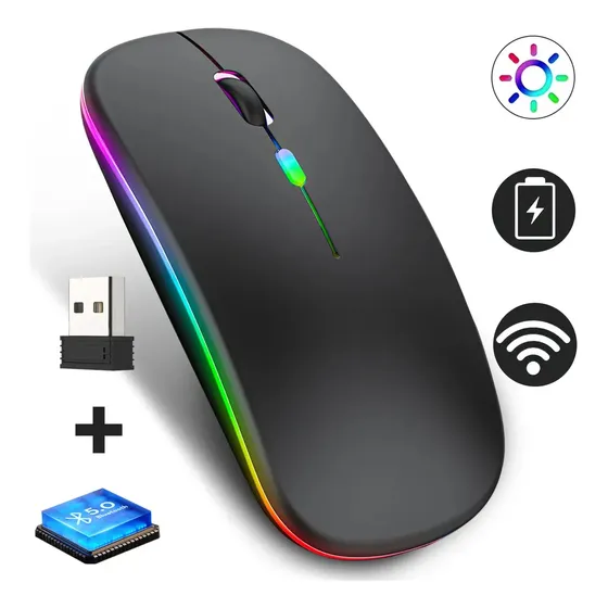 Mouse Sem Fio Recarregável Ergonômico Led Rgb Notebook Pc Tablet Cor Preto