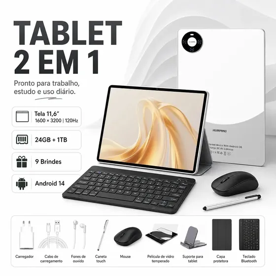 Tablet HUVPING P60Pro com Teclado Magnético, Android 14 e 1 TB