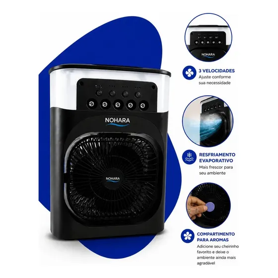 Climatizador de Ar Portátil NOHARA 600mL com Umidificador e LED RGB, 3 Velocidades e Timer