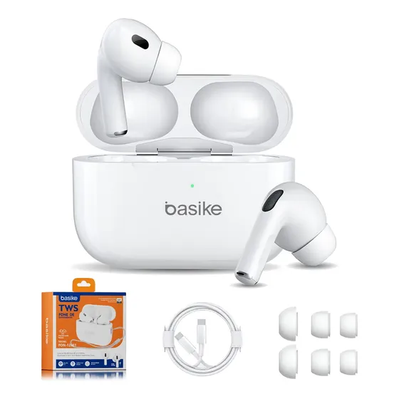 Fone de Ouvido Sem Fio Basike Bluetooth 5.3 com Case de Carregamento e Microfone Branco Fone de Ouvido Sem Fio Basike Bluetooth 5.3 com Case de Carregamento e Microfone Branco