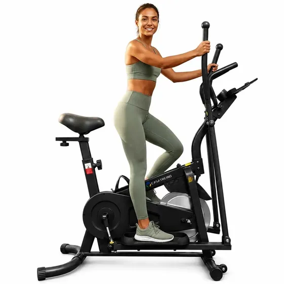 Bicicleta Ergométrica Spinning + Elíptico 2 em 1 Silencioso 120kg, Painel de Instrumentos Tátil Circular, com Rodinhas Preto