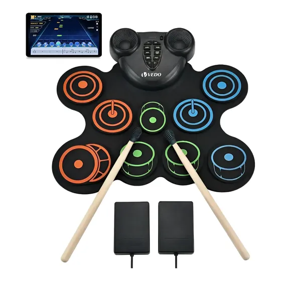 Bateria Eletrônica Roll Up 9 Pads Portátil Musica Com Pedais