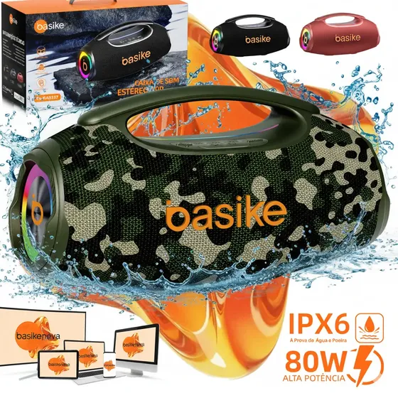 Basike Caixa de Som Boombox Plus 80W 8000Mah Portátil Bluetooth 5.3 Sem fio IPX6 À Prova D'água Com Luz RGB Hifi TWS Bass Forte Amplificada Alto falante Bombox TV Festa Soundbox Subwoofer - Camuflado