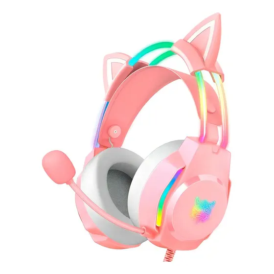 Headset Gamer Profissional Onikuma X26 Com Orelhas Rosa Luz Rgb