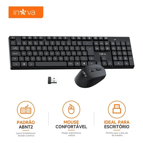 Kit Combo Teclado E Mouse Inova Cases Sem Fio Abnt2 2.4G Usb Teclas silencioso combo Para Pc E Notebook Windows mac Plug and play com teclado numérico Trabalho Estudos Home Office e Jogos Preto