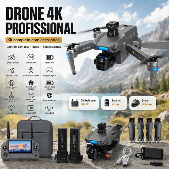 Drone Profissional Dobrável GPS com Câmera 4K HDR e Gimbal de 3 Eixos