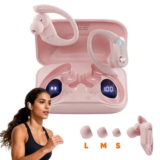 Fone de Ouvido Gancho Esportivo Inova Cases Bluetooth 5.4 Sem Fio com Microfone, Cancelamento de Ruído e Display LED à Prova D'água IPX5 Rosa