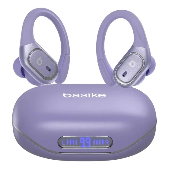 Fone de Ouvido Basike Bluetooth Esportivo TWS In-ear, com Ganchos e Display LED, Violeta