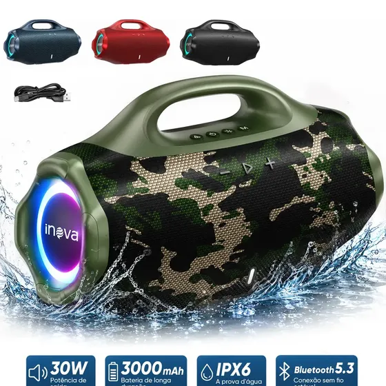 Caixa de Som Portátil Inova 30W Bluetooth com LED, Rádio FM e TWS