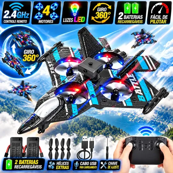 Avião De Controle Remoto Drone Caça Jato RC 2.4GHz 4 Motores Giro 360° Com Luzes LED 2 Baterias Recarregáveis Brinquedo Infantil