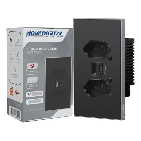 Tomada Inteligente Zigbee Novadigital Dupla Usb + USB-C 10A Linha Quartzo Compatível Tuya Smart Life Alexa Google Bivolt Preto
