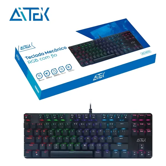 Teclado Gamer Mecânico Com Fio Rgb Switch Blue 87tecla Aitek Preto Português Brasil