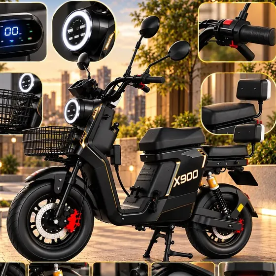 Moto Scooter Elétrica Preta 1000W Aro 10 Bateria Removível Painel Digital Bluetooth MP3 NFC 3 Velocidades Marcha Ré Freio a Disco Farol LED Cesta 2 Pessoas