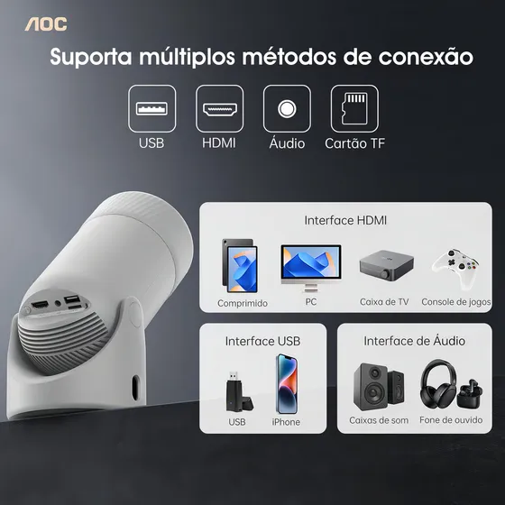 Projetor Portátil AOC FREE3 Android 11 Wi-Fi e Bluetooth Full HD 4K com Rotação 180°