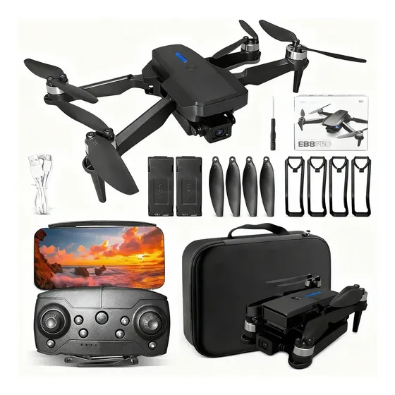 Drone E88pro Com 2 Baterias Câmera 4k Controle Por App Preto