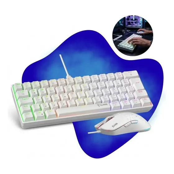 Kit Teclado e Mouse Gamer CLANM Reaver Duo, Branco, Mecânico RGB, USB
