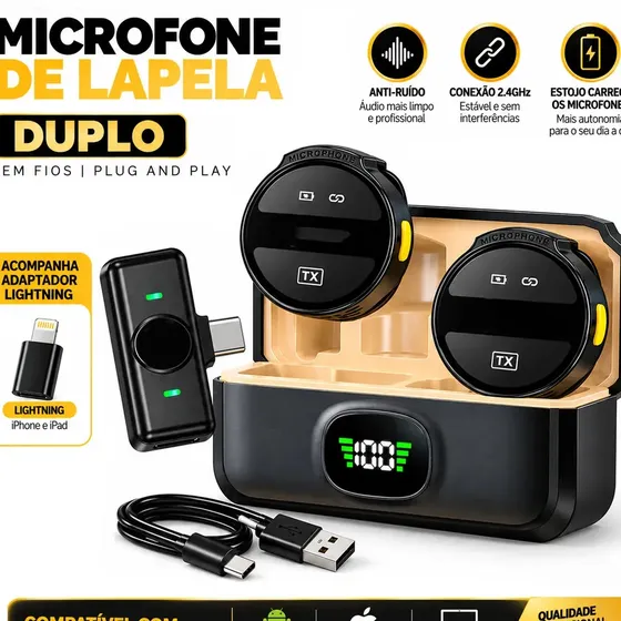 Microfone de Lapela Duplo sem Fio para iPhone e Android com Estojo Carregador FixMyCell