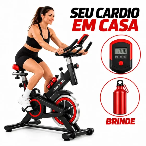 Bicicleta Spinning Inércia 6kg 120kg 9 Níveis Profissional Resistência Ajustável Painel Digital Treino em Casa Preto com Vermelho