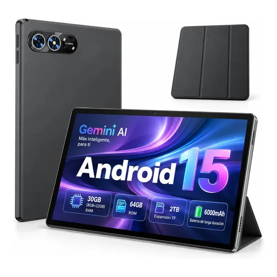 2026 Tablet Android 15 10,1 polegadas HD IPS, Gemini AI, 30 GB de RAM TF 2 TB, Wi-Fi 2,4 GHz/5 GHz 8 núcleos 2,0 GHz controle parental, Widevine L1 6000 mAh facial, Bluetooth 5.0, GPS, com capa