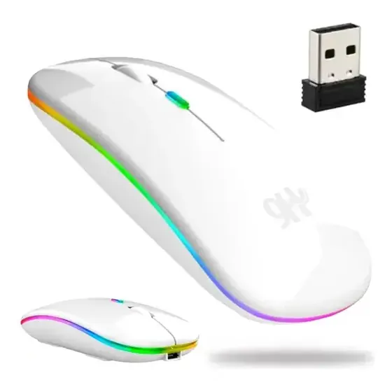 Mouse Sem Fio Recarregável Wireles Optico Rgb Ergonômico Cor Branco
