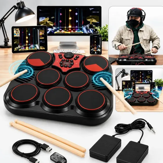 Bateria Eletrônica Digital Portátil 7 Pads Sensível Pedais