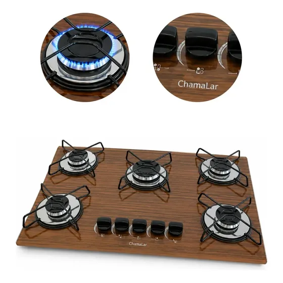 Fogão Cooktop Chamalar 5 Bocas Ultra Chama amadeirado Escuro 127/220v Bivolt