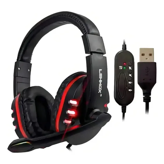 Headset Lemox Gamer Preto Microfone Flexível Luz LED PC Ps4 Ps3 USB