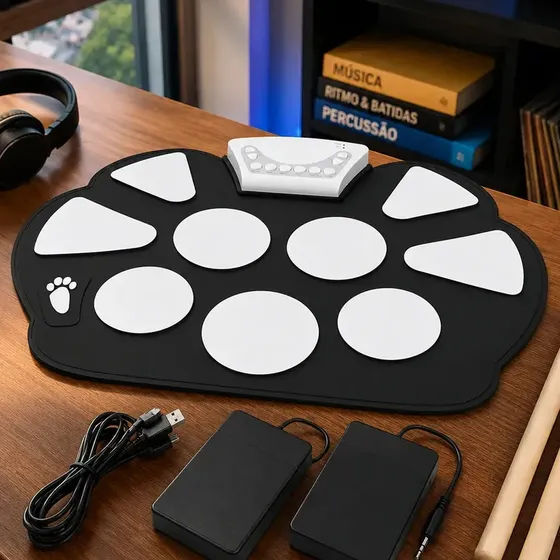 Bateria Eletrônica Portátil 9 Pads TechRyse Dobrável para Treino com 2 Pedais e Baquetas