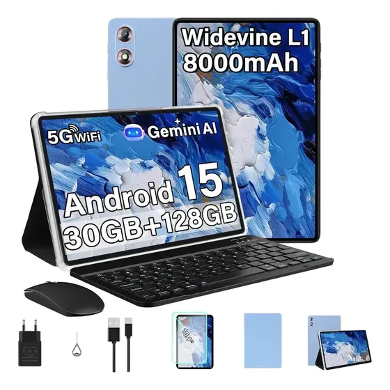 Tablet Android 15 Gemini AI 10 Polegadas, 30 GB RAM e 128 GB ROM Com Capa, Teclado e Mouse