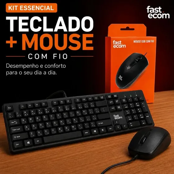 Kit Teclado e Mouse Fast Ecom USB Com Fio, ABNT2, Para PC e Notebook