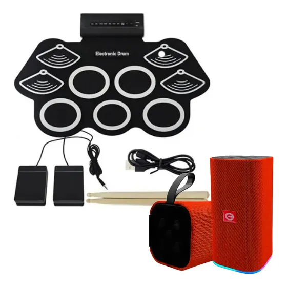 Kit Bateria Eletrônica 6 Drums Metal Portátil com Caixa de Som Bluetooth Exbom