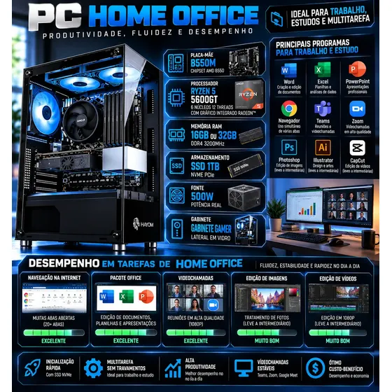 Pc Ryzen 5 5600g 16gb Ssd 1tb Para Home Office