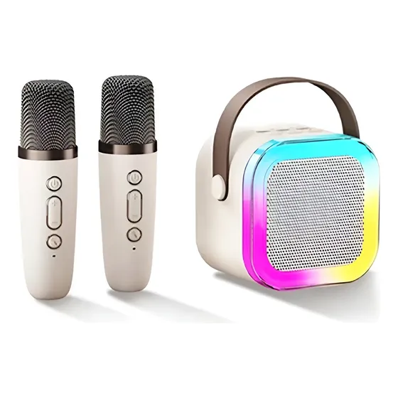 Caixinha De Som Karaokê Bluetooth Infantil Com 2 Microfones Bege Caixinha De Som Karaokê Bluetooth Infantil Com 2 Microfones Bege