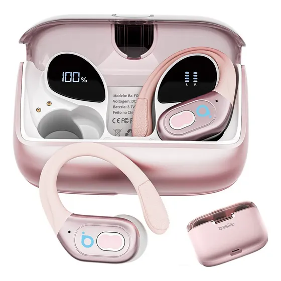 Basike Fone De Ouvido Sem Fio Esportivo Bluetooth6.0 Tws, Corrida Gancho, À Prova D'água, Com Gan, Tela Led Dupla, Suporta Chamadas De Voz, Adequadas Para Android E Ios, Cor Rosa