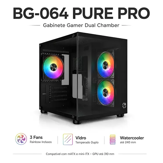 Gabinete Gamer Aquario Em Vidro Com 3 Fans Bg-064 Pure Pro