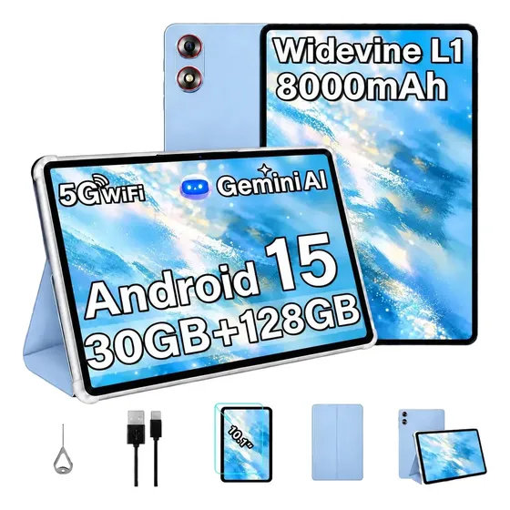 Tablet Fezawio F12 Tablet 10 Polegada 10 Pol Android 15 30GB RAM 128 GB ROM (2tb Tf), Octa-core, WiFi 5G, Bateria De 8000 Mah, Bluetooth 5.0, Con Protetor De Tela, Cabo De Dados, Capa Protetora