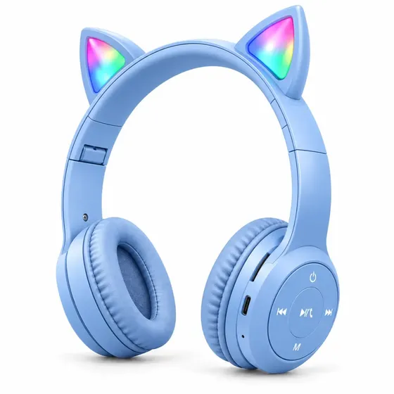 Headset Sem Fio Fone De Ouvido Bluetooth Cat Ear RGB Regulável Gamer Músicas Entrada P2 Mp3 Para Smartphone Pc Desktop Antek - Azul Claro