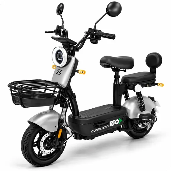 Bicicleta Elétrica Conduzza Rio 800w com Bateria de Lítio Removível, Freio Hidráulico e Farol LED - Moto Elétrica Scooter Autopropelido Prata