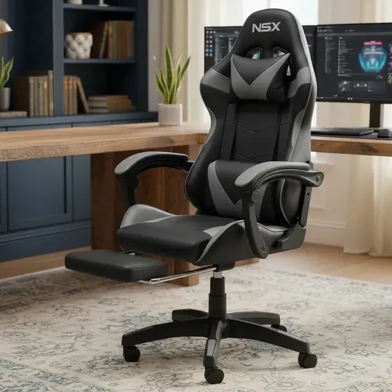 Cadeira de Escritório Gamer NSX Ergonômica Giratória Estofado Couro Sintético Reclinável com Apoio para Pés Altura Ajustável Home Office e Setup Gamer Cor Preta e Cinza