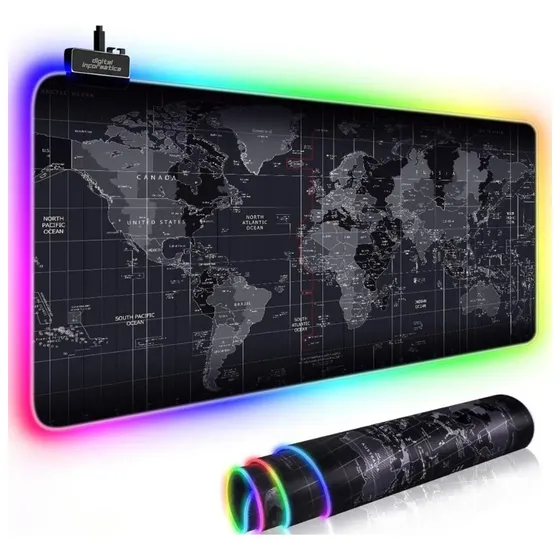 Mouse Pad Gamer Led Rgb 80x30cm Extra Grande 11 Modos Iluminação Led Profissional Speed Cor Mapa Mundi Digital Informática