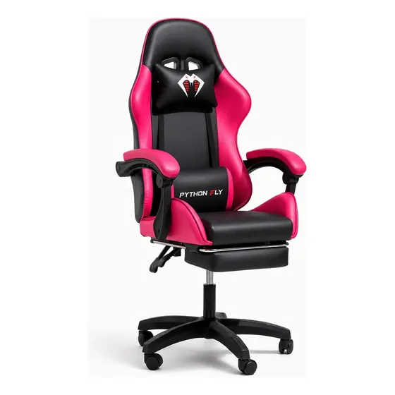 Cadeira Gamer Profissional Ergonômica Com Apoio Para Pés Preto E Rosa