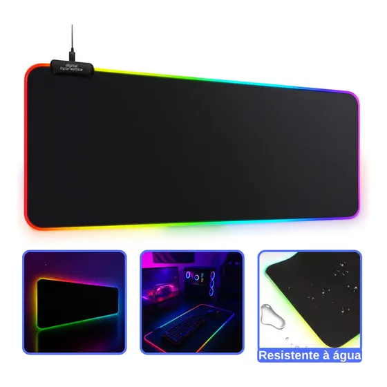 Mouse Pad Gamer Led Rgb 80x30cm Extra Grande 11 Modos Iluminação Led Profissional Speed Cor Preto Digital Informática