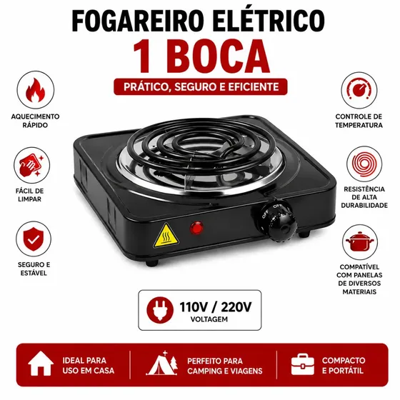 Fogareiro Elétrico 1 boca Portátil 1000w Fogão Cooktop Elétrico 1 Boca Fogareiro Portátil Compacto De Mesa Camping Preto