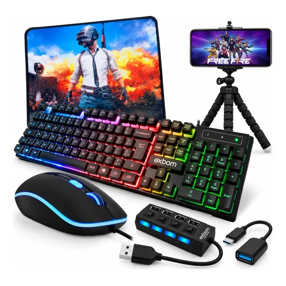 Kit Gamer Mobilador Teclado Rgb Mouse 2400 Dpi Tripé Hub Pad