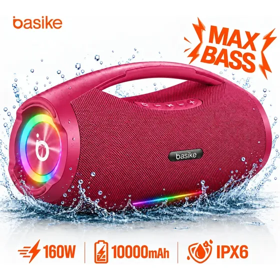 Basike Caixa De Som Boombox Plus 160w 10000mah Bluetooth Sem fio Portátil IPX6 À Prova D'água Hifi Com TWS RGB TF AUX Bass Forte Alto Falante Aparelho de Som Bombox Soundbox Para Casa Festa - Vermelho