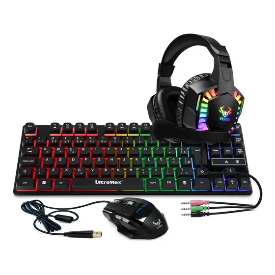 Kit Gamer: Teclado 60% Rgb Abnt2 Preto + Mouse X7 Com Fio Preto + Headset Preto
