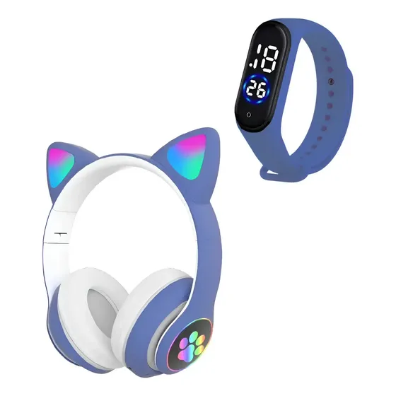 Fone Ouvido Gatinho Bluetooth Adulto Crianças + Relógio Led Azul