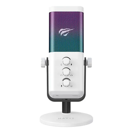 Microfone Gamer Usb Mesa Havit Gk65 Rgb Branco Plug And Play