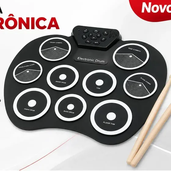 Bateria Elétrica Portátil Eletrônica 9 Pads De Silicone Dobrável Com Pedal E Baquetas Musiciali