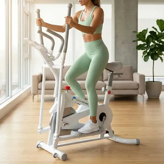 Bicicleta Ergométrica Spinning + Elíptico 2 em 1 Silencioso 120kg, Painel de Instrumentos Tátil Circular, com Rodinhas Branco